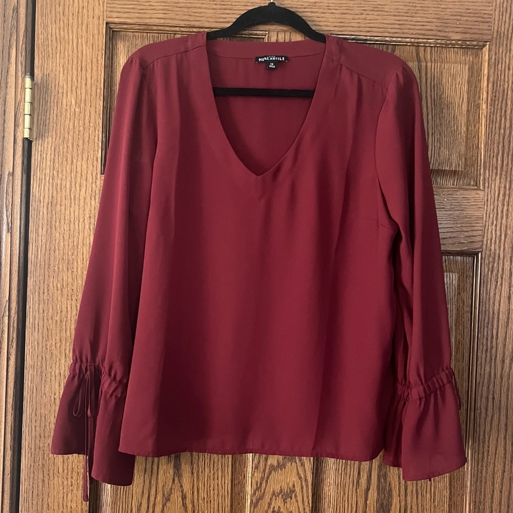 J.Crew Factory Maroon V-Neck Top with Tie Sleeves